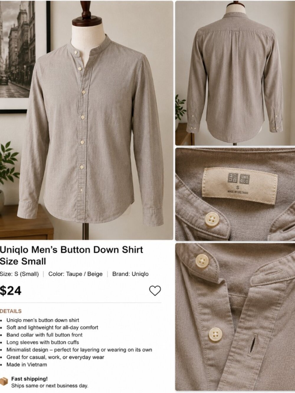 Uniqlo Men’s Taupe Button Down Shirt Size Small Minimalist Casual